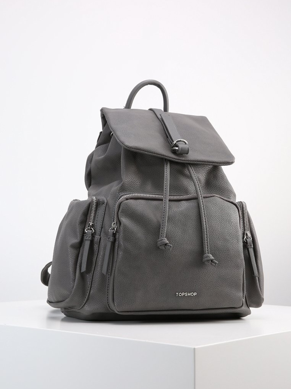 Topshop Grey Faux Leather Backpack - Drawstring Flap Daypack